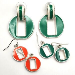 Vintage CHAPS Dangle Drop Set of‎ 3 Pr Green Orange Enameled Silvertone Earrings